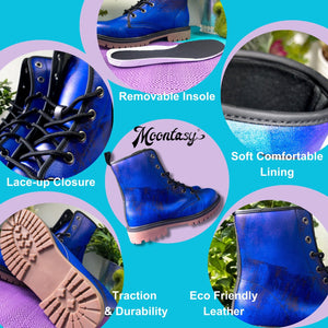 The image is a collage of various views of a blue boot, highlighting its features such as the removable sole, lace-up closure, soft comfortable lining, traction, and eco-friendly leather.