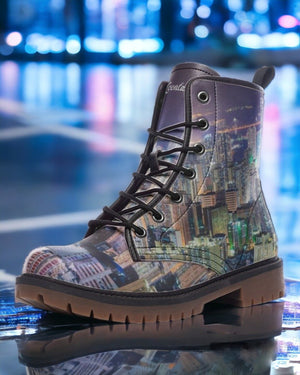 City Lights Skyline Boots | Vegan & Waterproof｜Hong Kong Night View｜Urban Nightscape Combat Boots｜Cityscape Night Vision Boots｜Eco-Friendly Vegan Leather｜Durable & Non-Slip