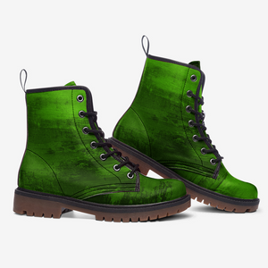 a pair of green boots with black laces
