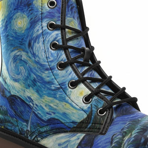 A close-up of a colorful, patterned boot with a starry night sky design.