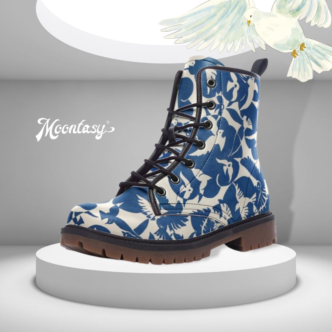 Pigeons Pattern Vegan Leather Boots (Blue and Beige)