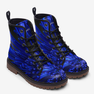 a pair of blue boots with black laces
