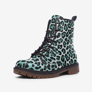 Teal Leopard Print Combat Boots | Pastel Blue Goth Shoes | Y2K Fashion Boots | Mermaidcore Animal Print Footwear | Rave Festival Boots