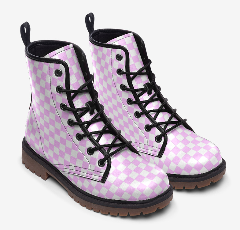 a pair of pink and white checkered boots