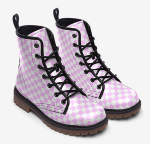 a pair of pink and white checkered boots