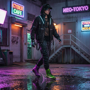 A person wearing a black hoodie, purple boots, and sunglasses walks on a wet street at night, with neon signs for Cyber Cafe and Neo-Tokyo visible in the background.