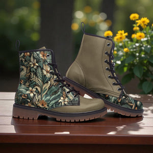 A pair of olive green boots with a floral print pattern, placed on a wooden surface with yellow flowers in the background.