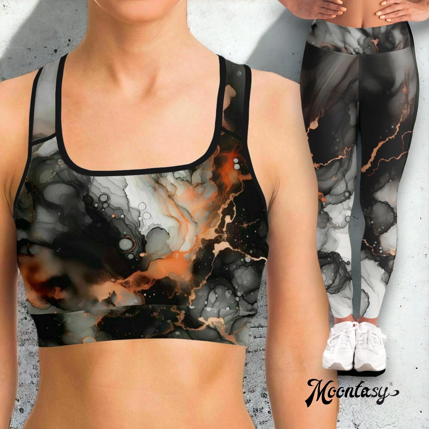 Marble Yoga Pants And Top Set (Black/for women)