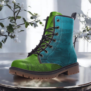 A vibrant green and blue boot with a rugged appearance, placed on a reflective surface against a backdrop of white flowers.
