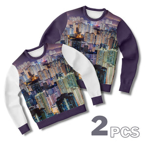 Hong Kong Night View Fashion Sweatshirt (Grey and White- 2 pcs set)