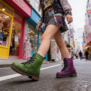 A person wearing colorful boots and a patterned skirt is walking down a city street.