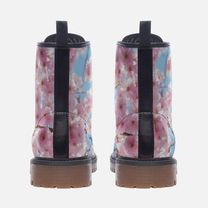Pink Cherry Blossom Vegan Combat Boots| Sakura Print Shoes| Pastel Floral| Soft Grunge Harajuku Style| Japanese Aesthetic Kawaii Footwear