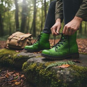 A person is tying green boots on a mossy rock in a forested area, with a brown backpack nearby.