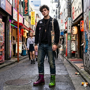 A young man wearing a black jacket, jeans, and boots stands on a narrow street in a busy urban area, surrounded by colorful signs and buildings.