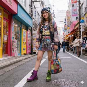 A young woman wearing a colorful outfit, including a plaid skirt, jacket, and boots, stands on a city street holding a bag and wearing a beanie.