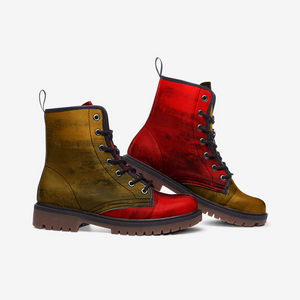 Mismatched Red and Gold Vegan Combat Boots| Charm Faux Leather Shoes| Wide Comfy| Hippy Boots| Customs Shoe For Womens For Men
