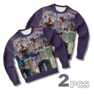 Hong Kong Night View Fashion Sweatshirt (Black Sleeve/ 2 pcs set)