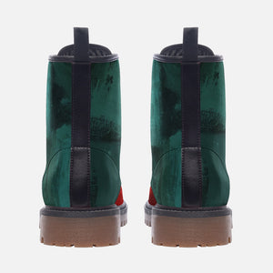 Two Tone Big Red & Emerald Green Vegan Combat Boots | Grunge Punk Goth, Distressed Color Block, Faux Leather| Festive boot| Shoe Customs For Men, Women, Girls, Boys