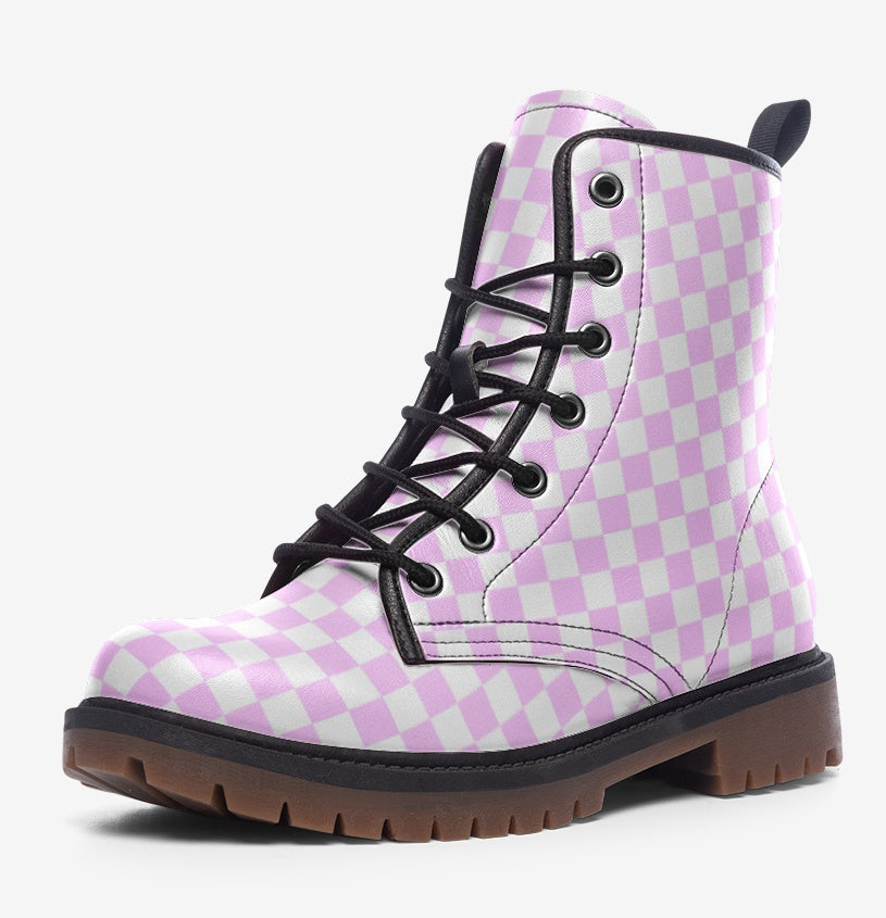 a pair of pink and white checkered boots