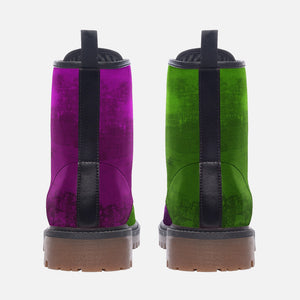 two pairs of colorful boots, one in purple and the other in green, against a white background.