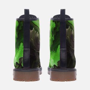 Green Liquid Marble Vegan Combat Boots｜Abstract Smoke Vegan Leather Boots｜Handmade Lace-up Ankle Booties｜Grunge Goth Punk Style｜Festival Rave Outfit Footwear| Shoe Customs For Men, Women, Girls, Boys