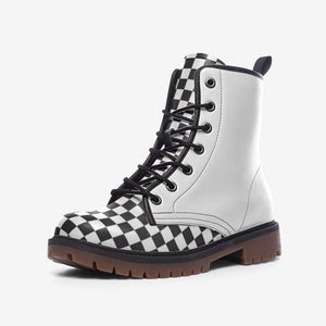Black and White Checkered Vegan Combat| Charm Faux Leather Shoes| Wide Comfy| Hippy Boots| Customs Shoe For Womens For Men
