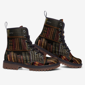 a pair of boots with books printed on them