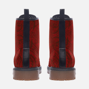 Red Goth Victorian Floral Vegan Combat Boots| Damask Brocade Pattern, Witchy Steampunk Alternative Faux Leather Boots| Festive boot| Shoe Customs For Men, Women, Girls, Boys