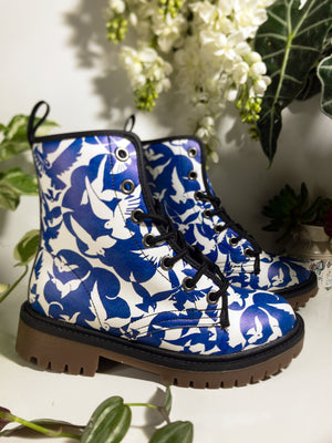 Pigeons Pattern Vegan Leather Boots (Blue and Beige)