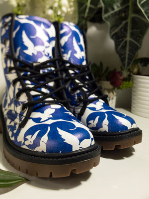 Pigeons Pattern Vegan Leather Boots (Blue and Beige)