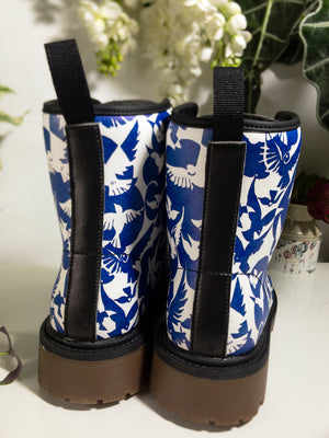 Pigeons Pattern Vegan Leather Boots (Blue and Beige)