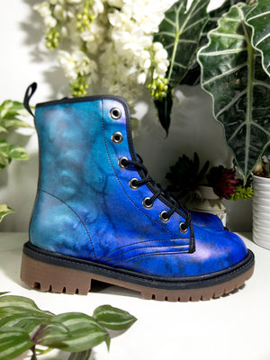 Dreamy Blue Nebula Combat Boots | Vegan & Waterproof| Abstract Watercolor| Night Sky Brushstroke Boots | Durable Design| Eco-Friendly