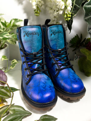 Dreamy Blue Nebula Combat Boots | Vegan & Waterproof| Abstract Watercolor| Night Sky Brushstroke Boots | Durable Design| Eco-Friendly