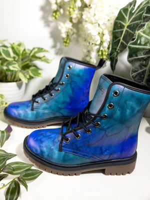 Dreamy Blue Nebula Combat Boots | Vegan & Waterproof| Abstract Watercolor| Night Sky Brushstroke Boots | Durable Design| Eco-Friendly