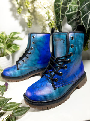 Dreamy Blue Nebula Combat Boots | Vegan & Waterproof| Abstract Watercolor| Night Sky Brushstroke Boots | Durable Design| Eco-Friendly