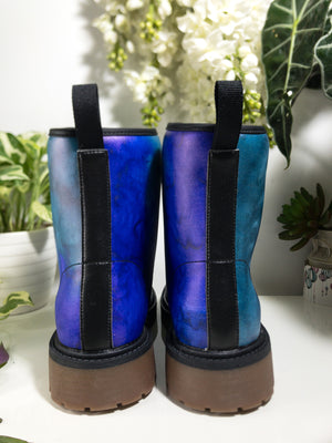 Dreamy Blue Nebula Combat Boots | Vegan & Waterproof| Abstract Watercolor| Night Sky Brushstroke Boots | Durable Design| Eco-Friendly