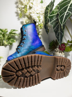 Dreamy Blue Nebula Combat Boots | Vegan & Waterproof| Abstract Watercolor| Night Sky Brushstroke Boots | Durable Design| Eco-Friendly