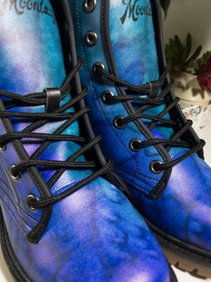 Dreamy Blue Nebula Combat Boots | Vegan & Waterproof| Abstract Watercolor| Night Sky Brushstroke Boots | Durable Design| Eco-Friendly