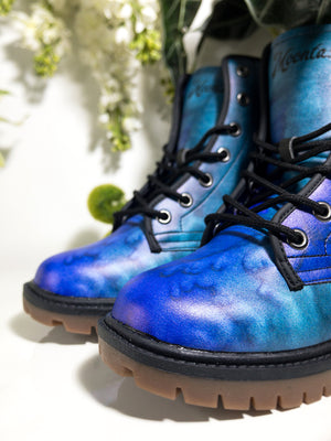 Dreamy Blue Nebula Combat Boots | Vegan & Waterproof| Abstract Watercolor| Night Sky Brushstroke Boots | Durable Design| Eco-Friendly