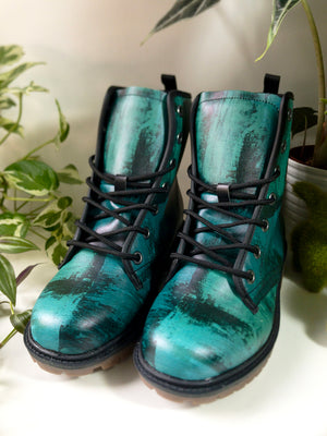 Teal Brushstroke Vegan Combat Boots | Waterproof & Eco-Friendly