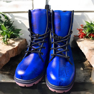 Midnight Blue Artistic Combat Boots| Violet Blue| Abstract Blue Lace-Up Boots| Cobalt Brushstroke Leather Boots| Vegan Leather| Women| Men