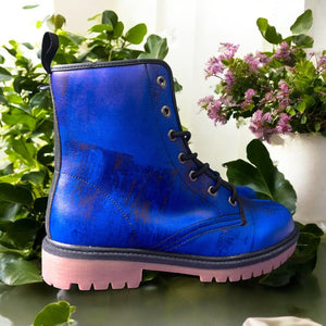 Midnight Blue Artistic Combat Boots| Violet Blue| Abstract Blue Lace-Up Boots| Cobalt Brushstroke Leather Boots| Vegan Leather| Women| Men