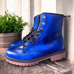 Midnight Blue Artistic Combat Boots| Violet Blue| Abstract Blue Lace-Up Boots| Cobalt Brushstroke Leather Boots| Vegan Leather| Women| Men