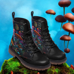 a pair of black boots sitting on top of a moss covered ground