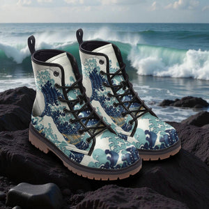 A pair of white and blue patterned boots with a wave design, placed on a rocky surface with the ocean in the background.
