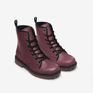 Wine Red Combat Boots| Berry Leather Urban Boots| Vintage Burgundy Lace-Up Boots