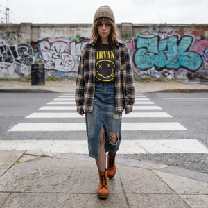 A young woman wearing a plaid shirt, jeans, and boots is walking on a sidewalk with a graffiti-covered wall in the background.