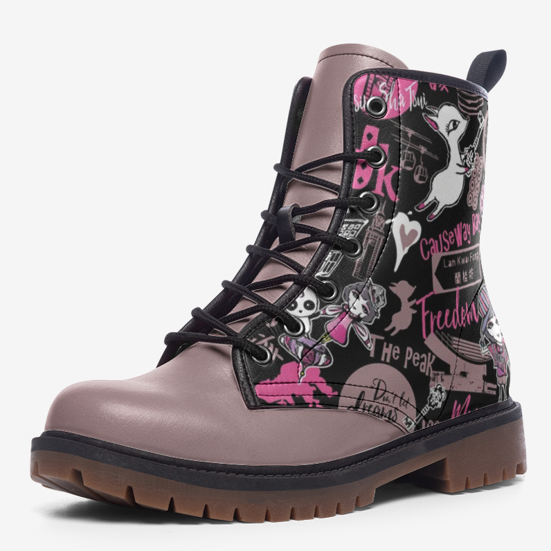 Black and Brown Graffiti| Vegan Combat Boots | Charms Fancy boot| Lace Up| Fantasy Leather Shoes| Gothic Boots| gifts-for-girl| Hong Kong