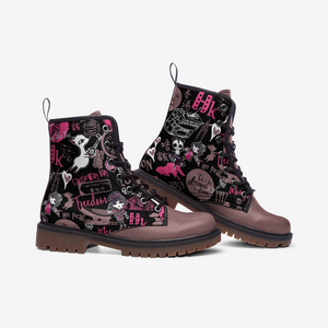Black and Brown Graffiti| Vegan Combat Boots | Charms Fancy boot| Lace Up| Fantasy Leather Shoes| Gothic Boots| gifts-for-girl| Hong Kong