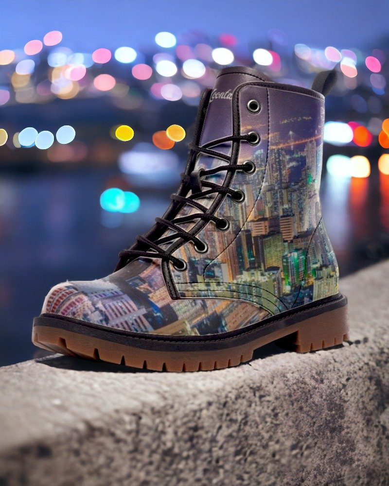 City Lights Skyline Boots | Vegan & Waterproof｜Hong Kong Night View｜Urban Nightscape Combat Boots｜Cityscape Night Vision Boots｜Eco-Friendly Vegan Leather｜Durable & Non-Slip